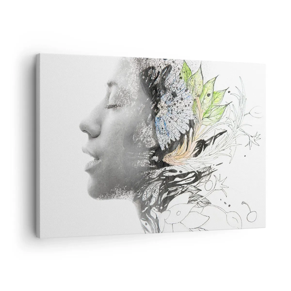 Canvastavla - Bild på duk - Profil av en kvinna i ett konstnärligt collage av natur och svarthet - 70x50cm - Doppad i naturen - Modern väggdekoration för vardagsrum och sovrum ARTTOR