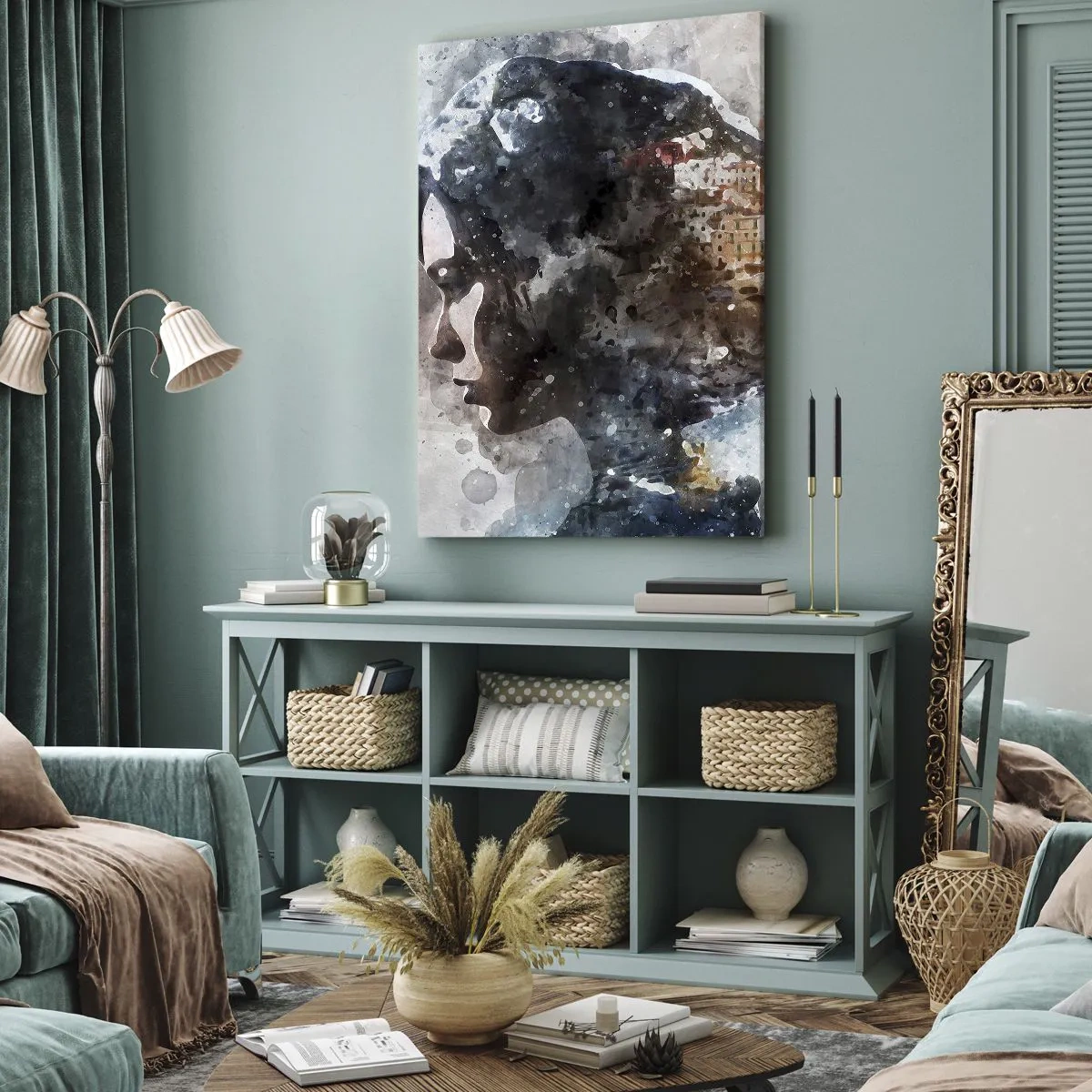 Canvastavla - Bild på duk - Berättelse om en tjej med en stad i bakgrunden - 45x80 cm