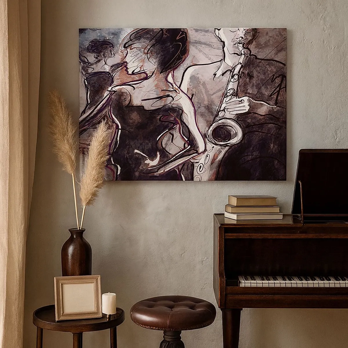 Canvastavla - Bild på duk - Abstrakt jazzscen med en saxofonist och en dansande kvinna. - 70x50cm - Driva iväg i musiken - Modern väggdekoration för vardagsrum och sovrum ARTTOR