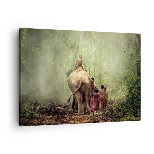 Canvastavla - Bild på duk - Barn med en elefant i en grön skog i morgonljuset - 70x50cm - Nya Djungelboken - Modern väggdekoration för vardagsrum och sovrum ARTTOR
