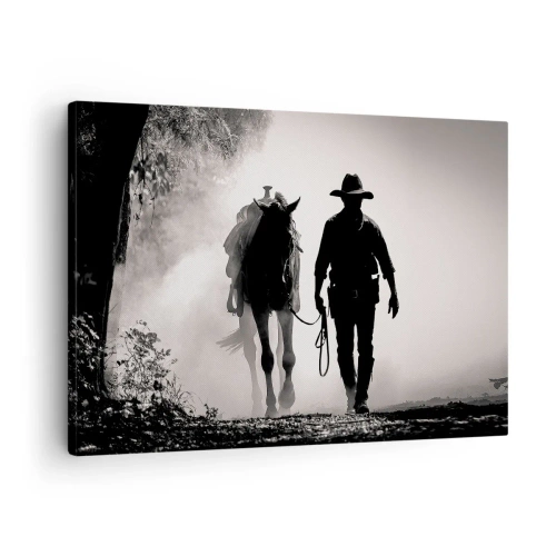 Canvastavla - Bild på duk - Cowboy med häst i morgondimman - 70x50cm - En morgon i Texas - Modern väggdekoration för vardagsrum och sovrum ARTTOR