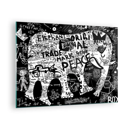 Glastavla - Bild på glas - Svartvit graffitibild med teman fred och frihet - 70x50cm - Rik gatuvärld - Modern väggdekoration för vardagsrum och sovrum ARTTOR