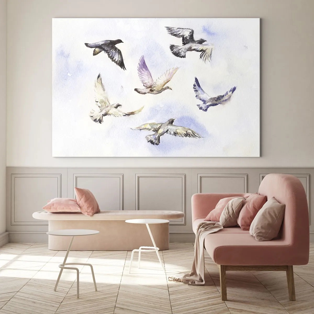 Glastavla - Bild på glas - Fåglar i flykt mot en klar himmel - 70x50cm - Frihet i grått och blått - Modern väggdekoration för vardagsrum och sovrum ARTTOR