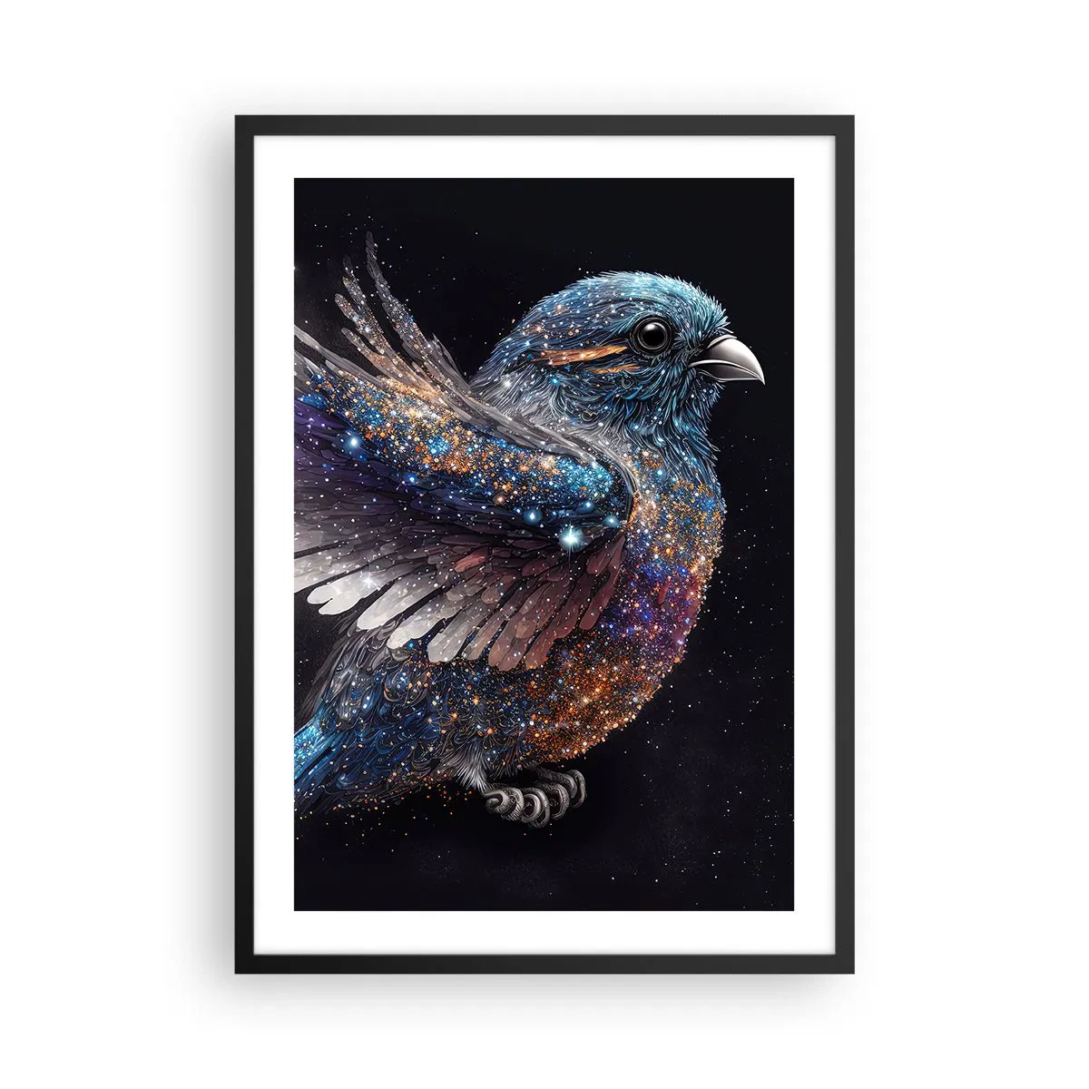 Affisch i svart ram - En rymdfågel med stjärnfjäderdräkt på svart bakgrund - 50x70cm - Diamant sparv - Modern väggdekoration för vardagsrum och sovrum ARTTOR