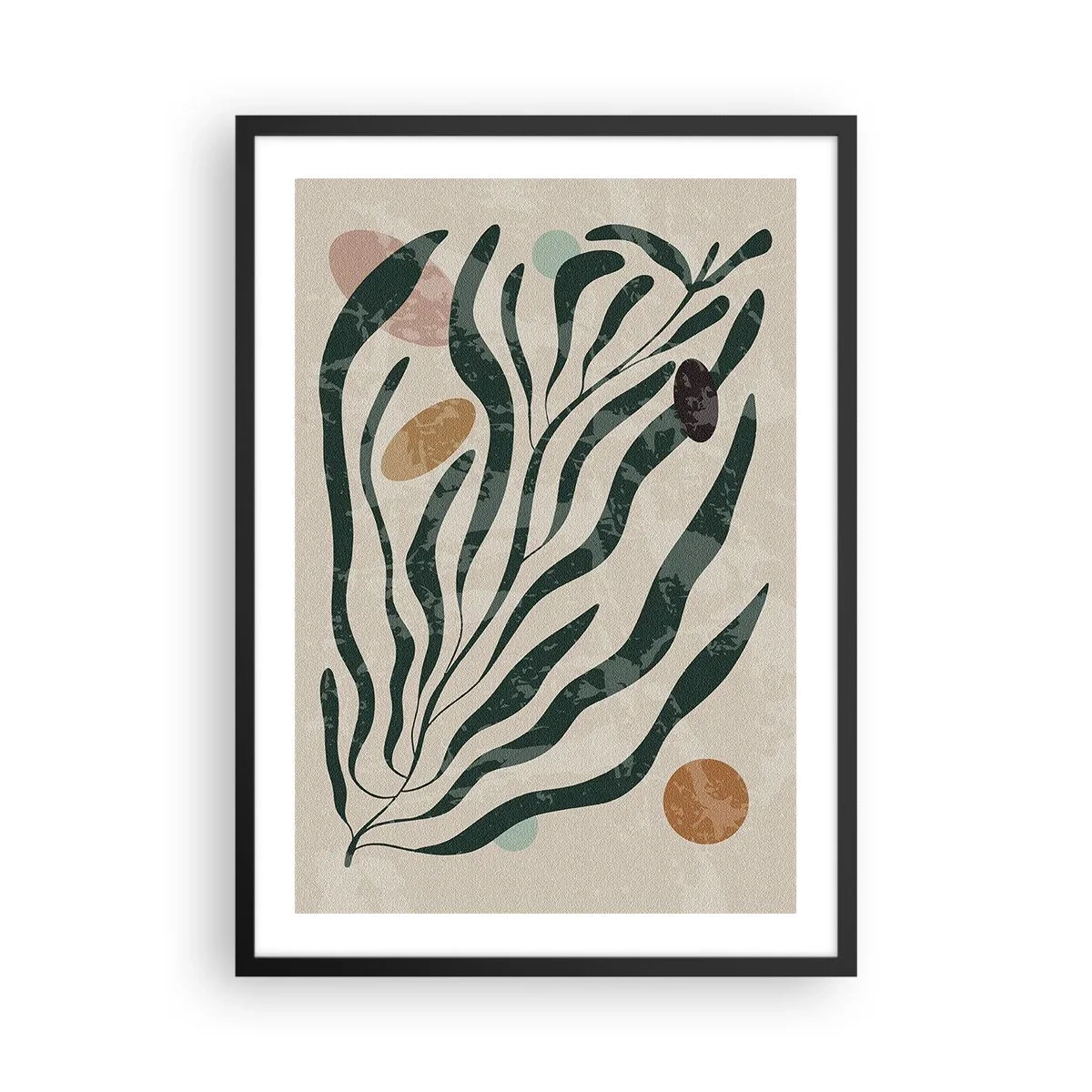 Affisch i svart ram - Abstrakt växtkomposition i grönt och beige - 50x70cm - Bland de gröna - Modern väggdekoration för vardagsrum och sovrum ARTTOR