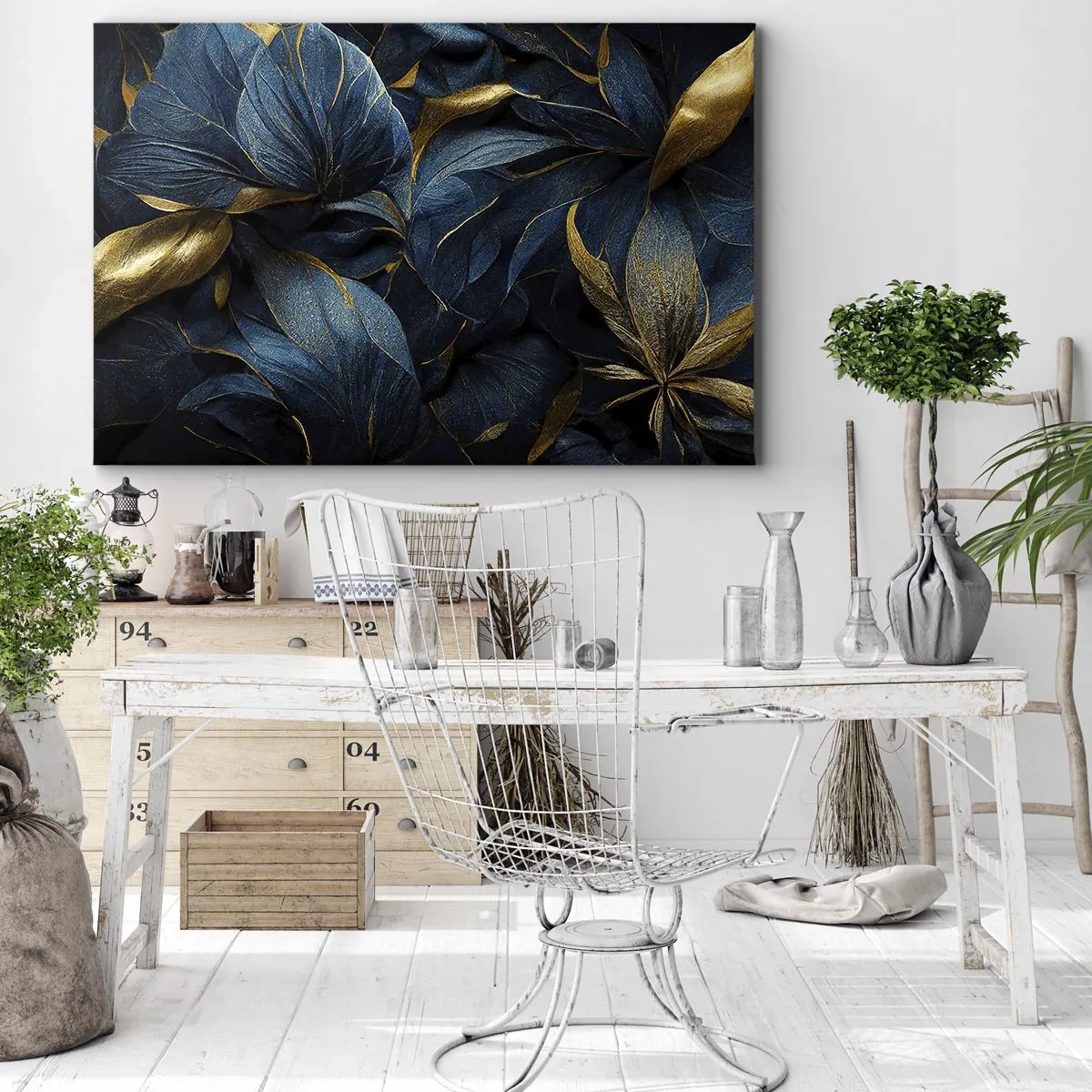 Canvastavla - Bild på duk - Eleganta blad i nyanser av guld och marinblått - 70x50cm - Fodrad med guld - Modern väggdekoration för vardagsrum och sovrum ARTTOR