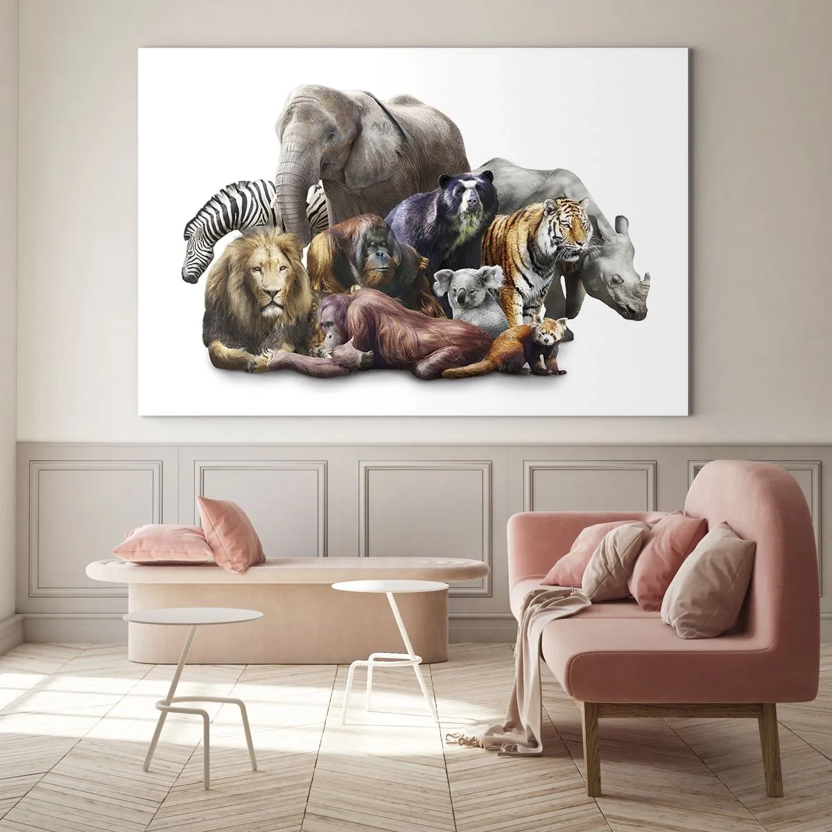 Glastavla - Bild på glas - En grupp vilda djur på en vit bakgrund i en konstnärlig bild - 70x50cm - Afrikans familjefoto - Modern väggdekoration för vardagsrum och sovrum ARTTOR