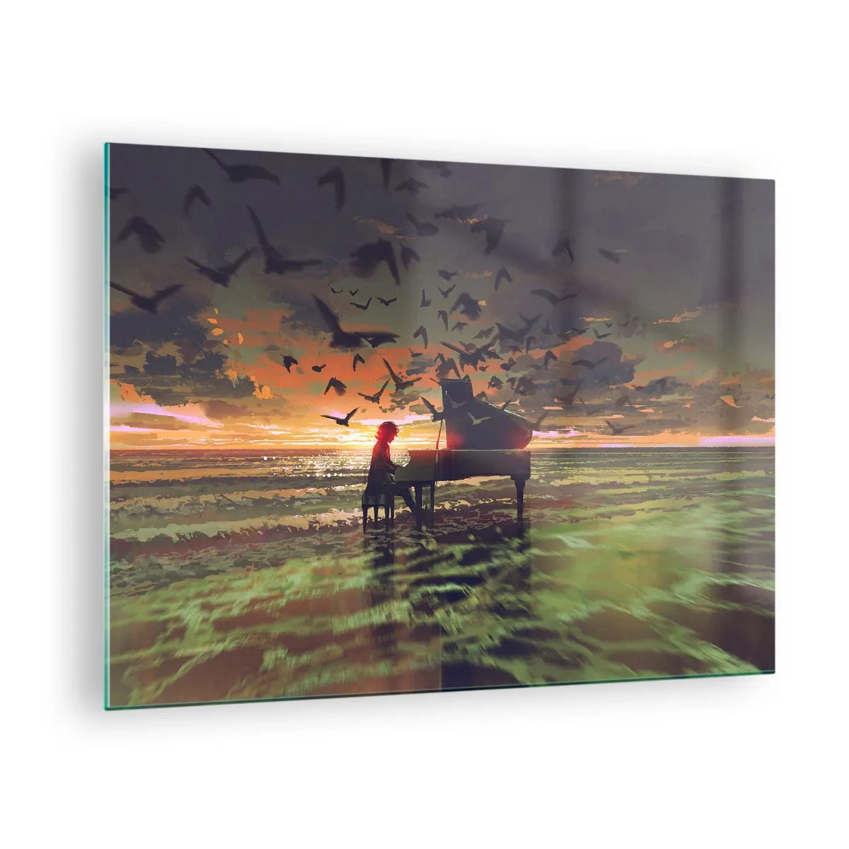 Glastavla - Bild på glas - Pianist som spelar piano på stranden vid solnedgången - 70x50cm - Konsert för piano och vågor - Modern väggdekoration för vardagsrum och sovrum ARTTOR