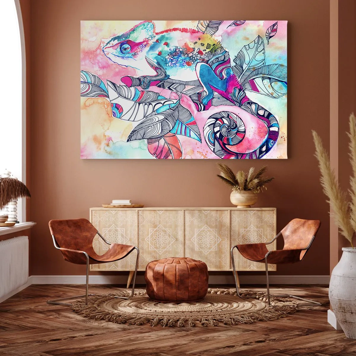 Canvastavla - Bild på duk - Färgglad kameleont på abstrakt lövbakgrund - 70x50cm - Färgglad som vår värld - Modern väggdekoration för vardagsrum och sovrum ARTTOR