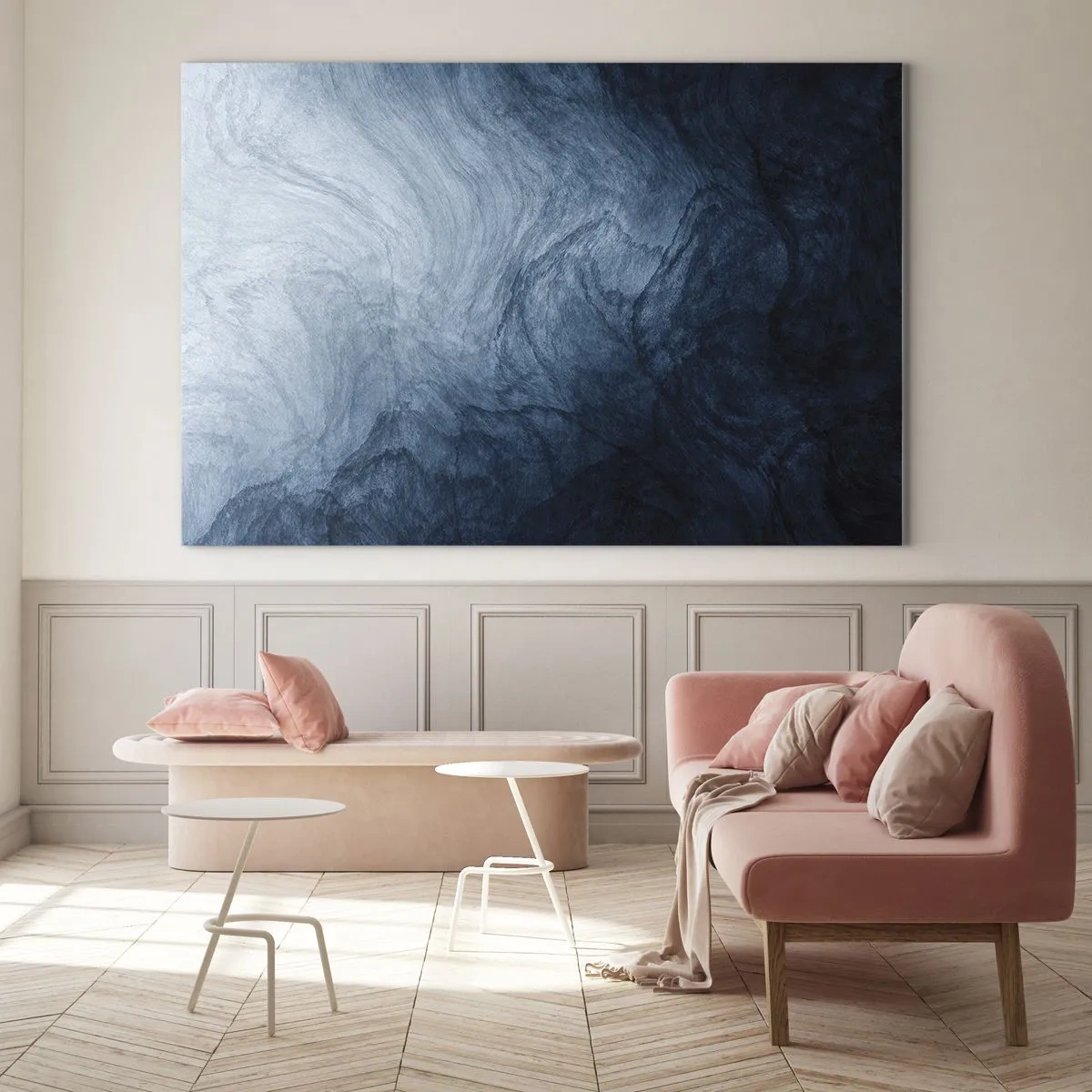 Glastavla - Bild på glas - Abstrakt djup i nyanser av marinblått och grått - 70x50cm - Nå djupt in - Modern väggdekoration för vardagsrum och sovrum ARTTOR