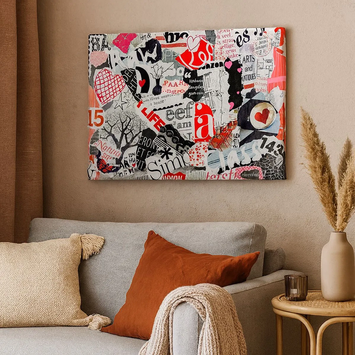 Canvastavla - Bild på duk - Ett färgglatt collage med inskriptioner, hjärtan och grafik. - 70x50cm - Hipster collage - Modern väggdekoration för vardagsrum och sovrum ARTTOR
