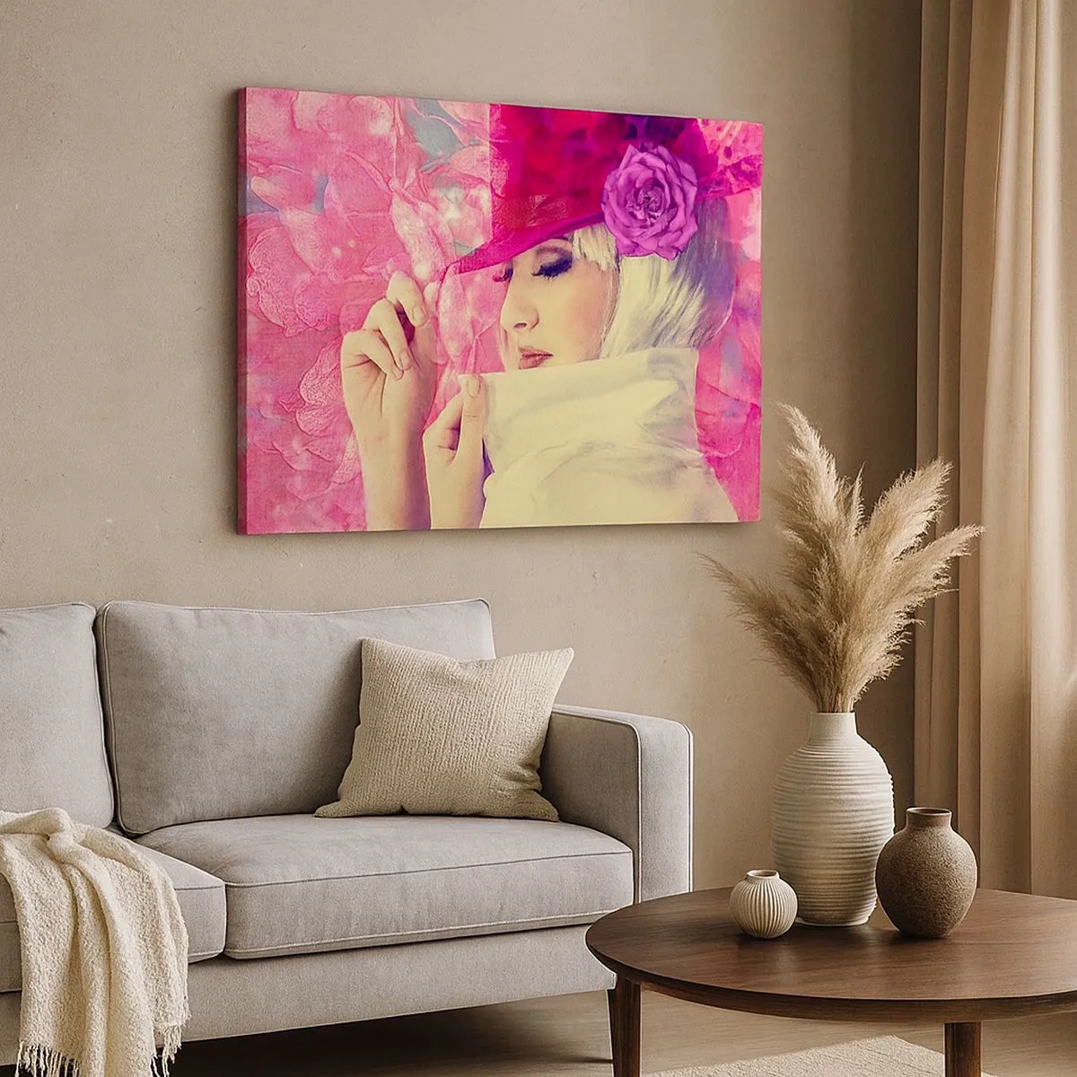 Canvastavla - Bild på duk - Snygg kvinna i en rosa hatt med en blomma - 70x50cm - Retroporträtt i rosa ångor - Modern väggdekoration för vardagsrum och sovrum ARTTOR