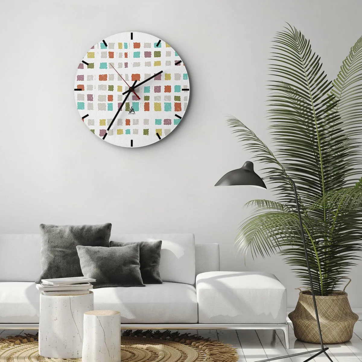 Väggklocka - Klocka på glas - Färgglada rutor på en vit bakgrund i abstrakt stil - 30x30cm - Ett okänt spel - Modern väggdekoration för vardagsrum, kök och sovrum ARTTOR