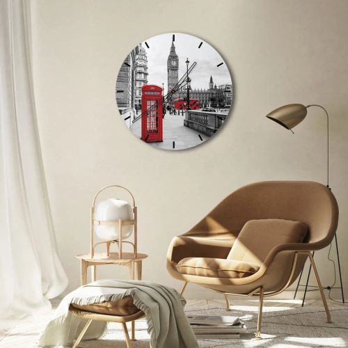 Väggklocka - Klocka på glas - Big Ben och en röd telefonkiosk mot bakgrund av London - 30x30cm - London utan tvekan - Modern väggdekoration för vardagsrum, kök och sovrum ARTTOR