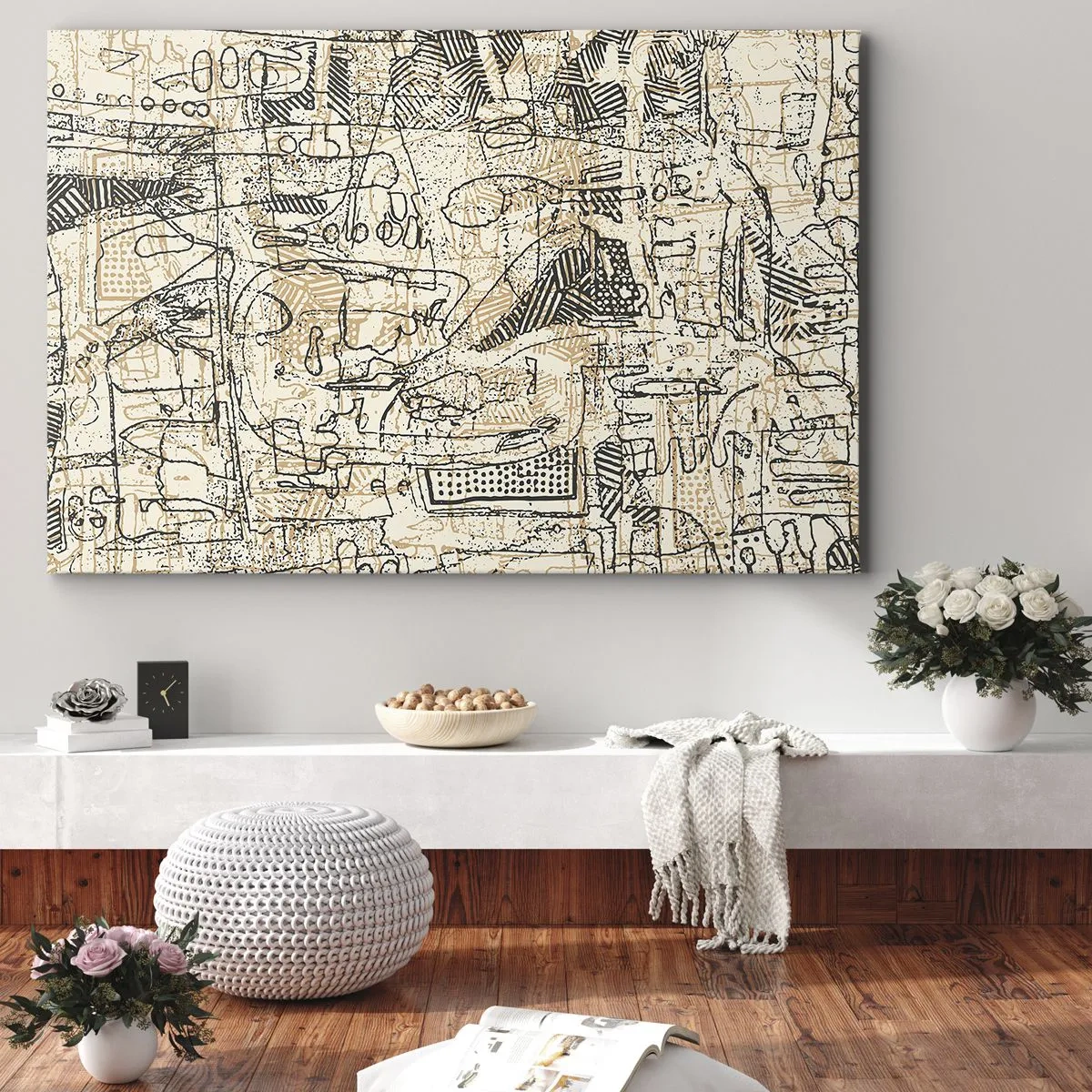 Canvastavla - Bild på duk - Abstrakta mönster och linjer på en beige bakgrund - 70x50cm - Väntar på avkodning - Modern väggdekoration för vardagsrum och sovrum ARTTOR