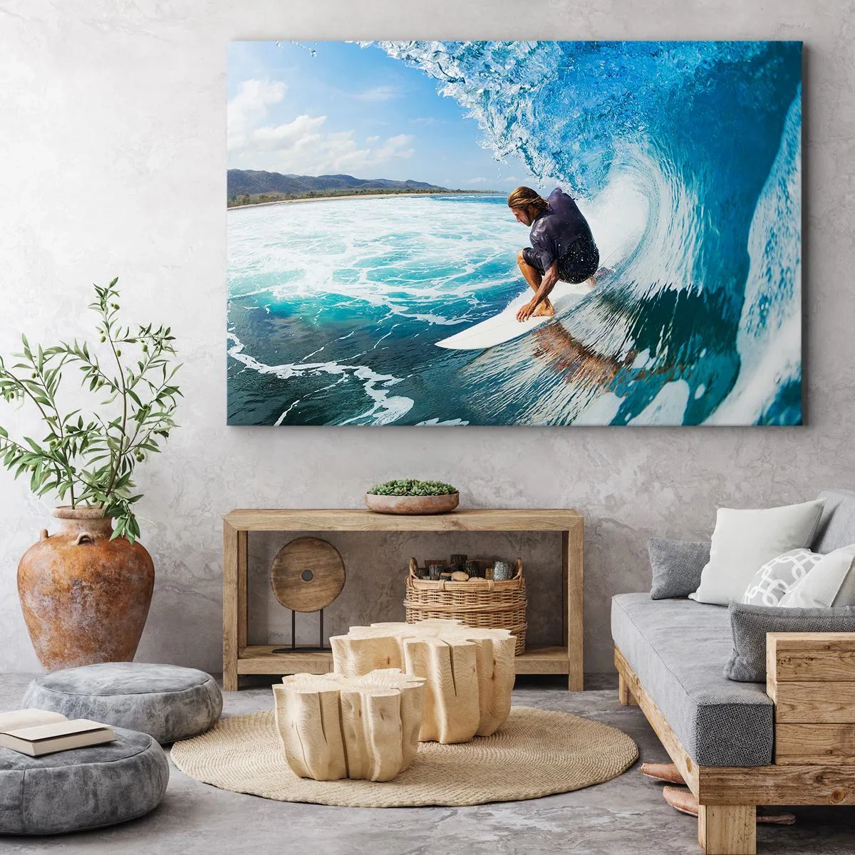 Canvastavla - Bild på duk - En surfare i en dynamisk pose på en våg i turkost vatten. - 70x50cm - Dansar med vågorna - Modern väggdekoration för vardagsrum och sovrum ARTTOR