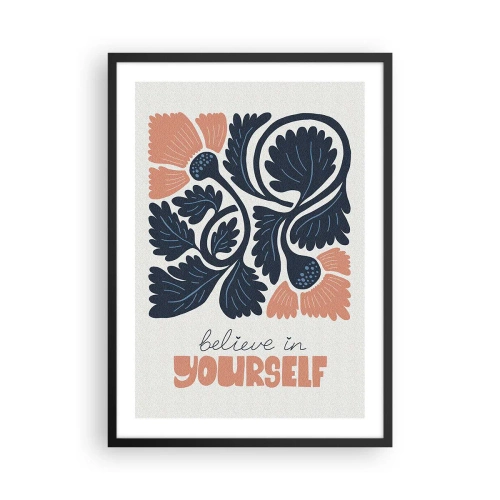 Affisch i svart ram - Stiliserade blommor i marinblått och rosa med en inspirerande inskription - 50x70cm - Blomma du också - Modern väggdekoration för vardagsrum och sovrum ARTTOR