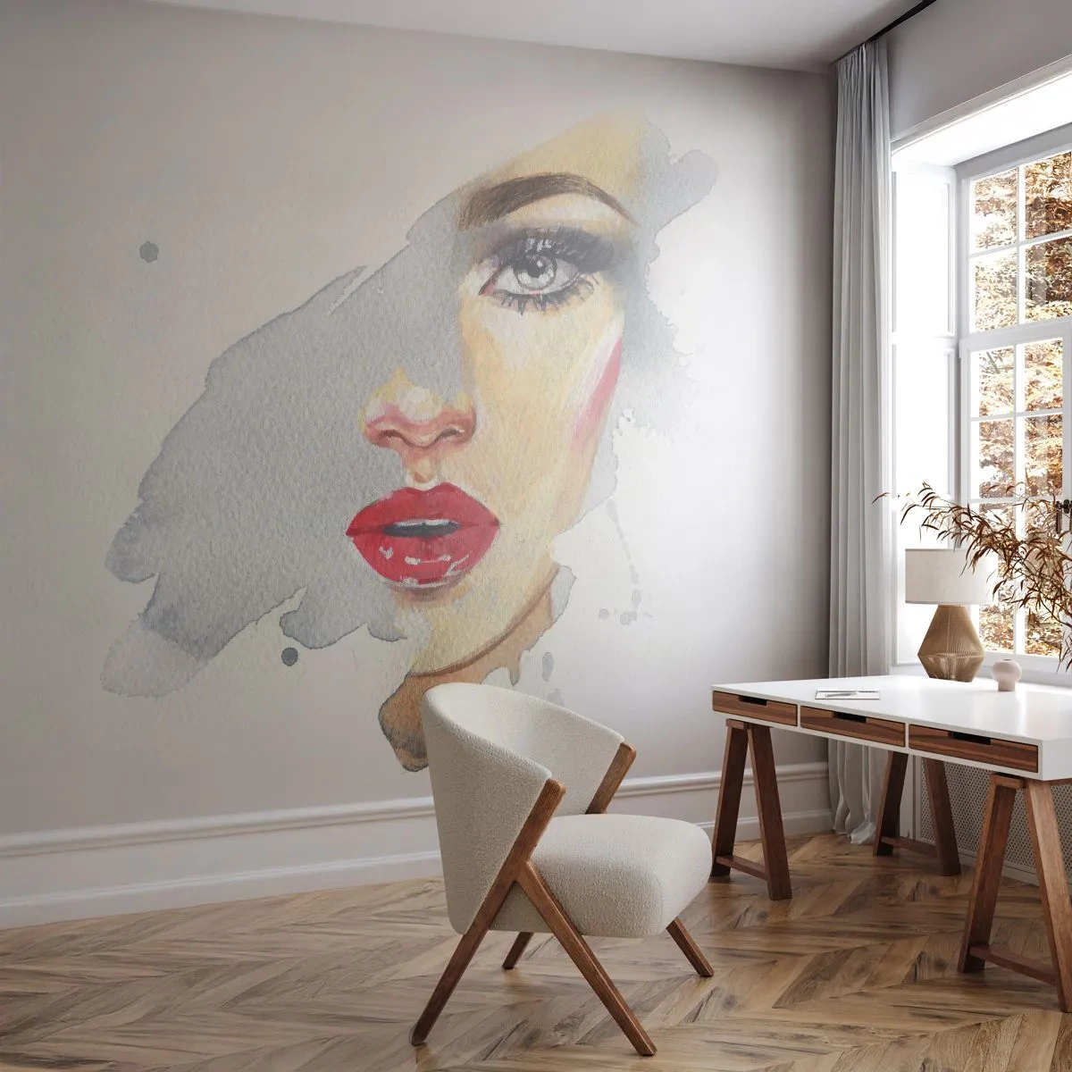 Fototapet Premium Sand - Reflektion i vattendroppe - Kvinnans ansikte, Kvinna, röda läppar - 350x256 cm