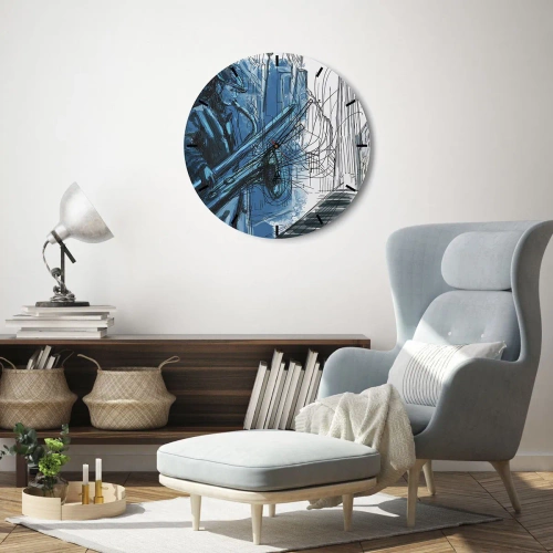 Väggklocka - Klocka på glas - En jazzmusiker i en konstnärlig tolkning - 30x30cm - Stadsrapsodi - Modern väggdekoration för vardagsrum, kök och sovrum ARTTOR