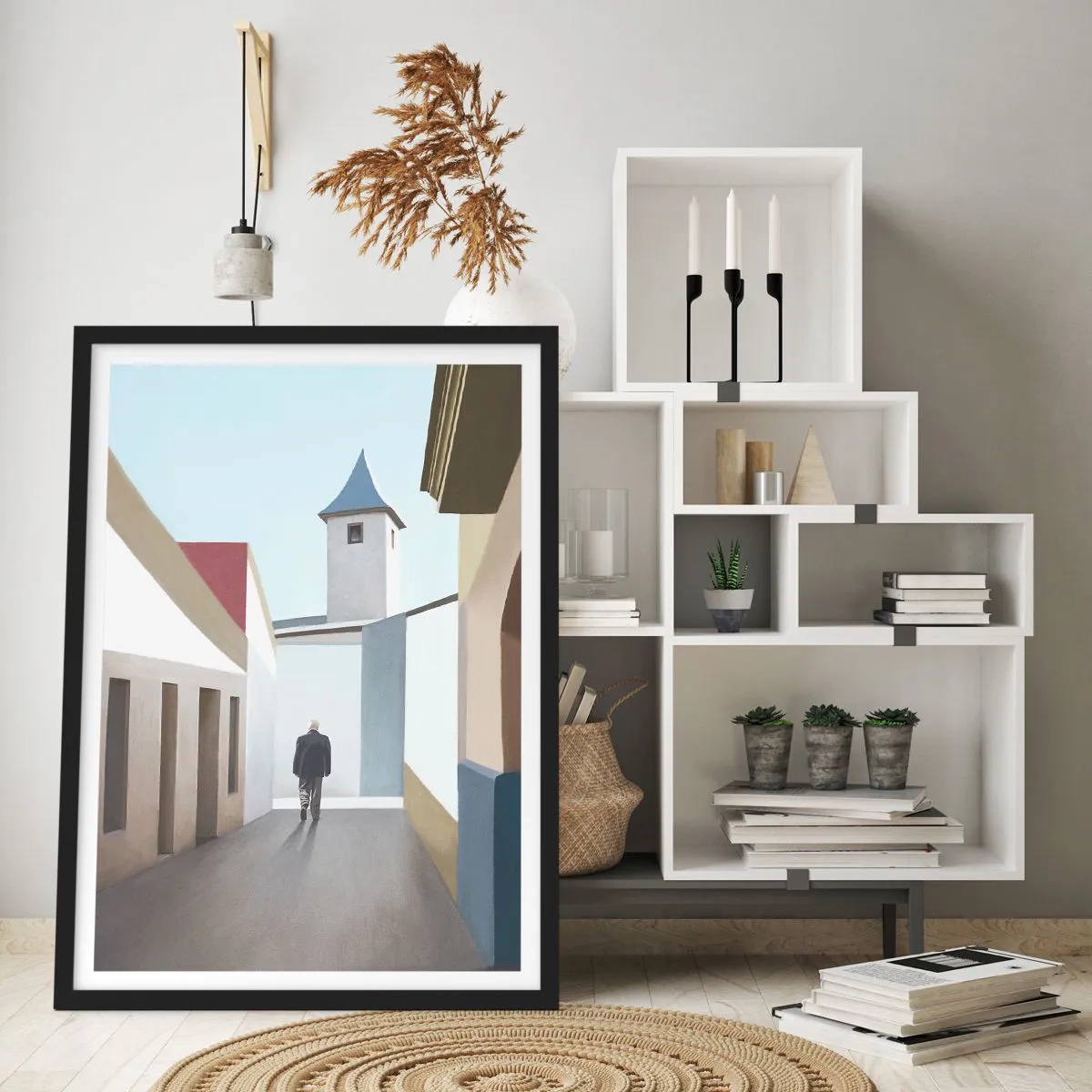 Affisch i svart ram - En minimalistisk gata med en ensam förbipasserande - 50x70cm - Solig promenad - Modern väggdekoration för vardagsrum och sovrum ARTTOR