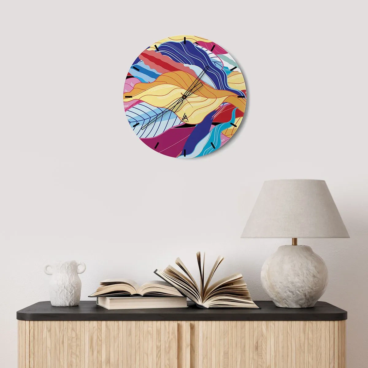 Väggklocka - Klocka på glas - Färgglad abstraktion med lövmotiv och vågiga linjer - 30x30cm - Färgglad röra - Modern väggdekoration för vardagsrum, kök och sovrum ARTTOR