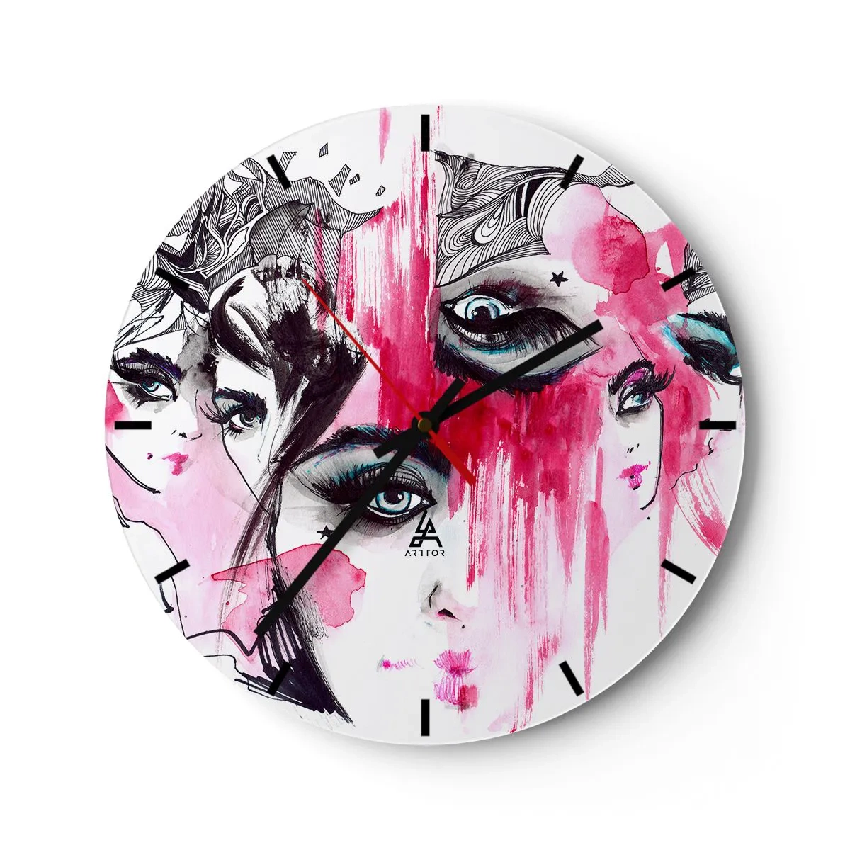 Väggklocka - Klocka på glas - Abstrakta kvinnoporträtt i rosa och svart - 30x30cm - Abstrakta ögon - Modern väggdekoration för vardagsrum, kök och sovrum ARTTOR