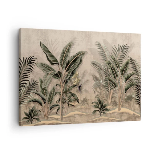 Canvastavla - Bild på duk - Palmer och tropisk vegetation i nyanser av grönt mot en beige bakgrund - 70x50cm - Bild i kolonial stil - Modern väggdekoration för vardagsrum och sovrum ARTTOR