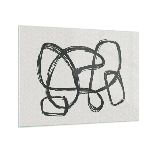 Glastavla - Bild på glas - Svarta öglor och linjer bildar en abstrakt komposition mot en vit bakgrund. - 70x50cm - Loopad abstraktion - Modern väggdekoration för vardagsrum och sovrum ARTTOR