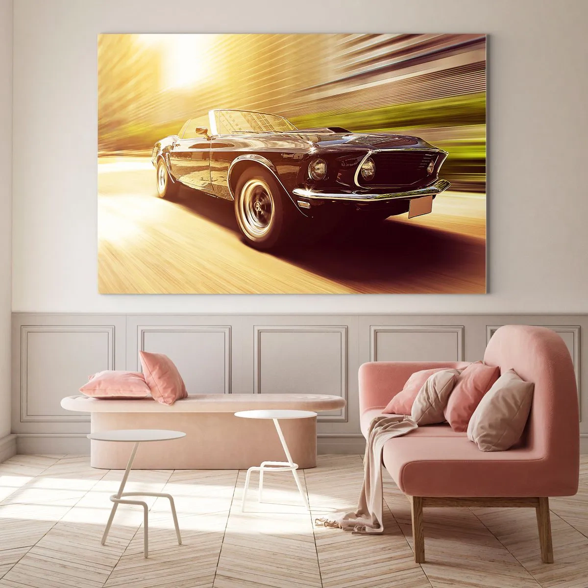 Glastavla - Bild på glas - Klassisk bil i rörelse i solljuset - 70x50cm - 1967 - legendaren är tillbaka - Modern väggdekoration för vardagsrum och sovrum ARTTOR