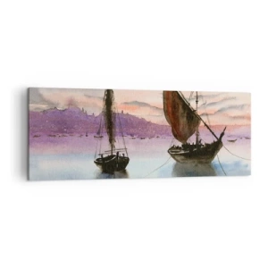 Canvastavla - Bild på duk - Kväll i hamnen - 140x50 cm