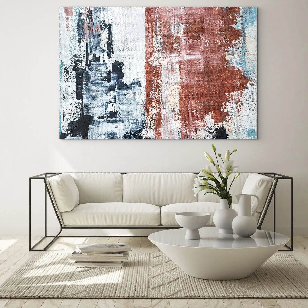 Glastavla - Bild på glas - En abstrakt kombination av blått och rostrött - 70x50cm - Abstrakt halvt om halvt - Modern väggdekoration för vardagsrum och sovrum ARTTOR