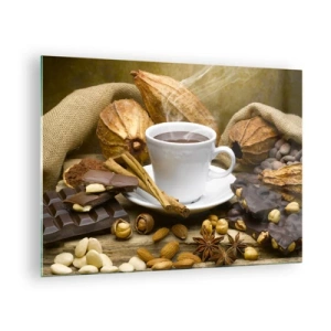 Glastavla - Bild på glas - En kopp varm choklad omgiven av choklad och kryddor - 70x50cm - För de som söker upplevelser - Modern väggdekoration för vardagsrum och sovrum ARTTOR