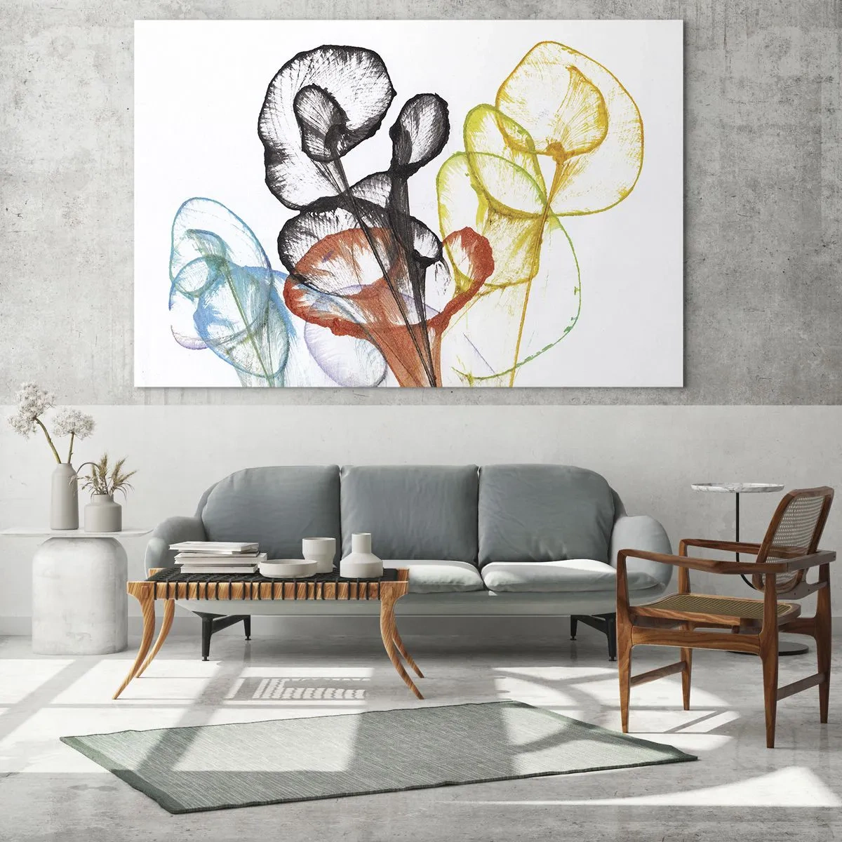 Glastavla - Bild på glas - Färgglada, genomskinliga blommor i konstnärlig stil - 70x50cm - Blommor med själ - Modern väggdekoration för vardagsrum och sovrum ARTTOR