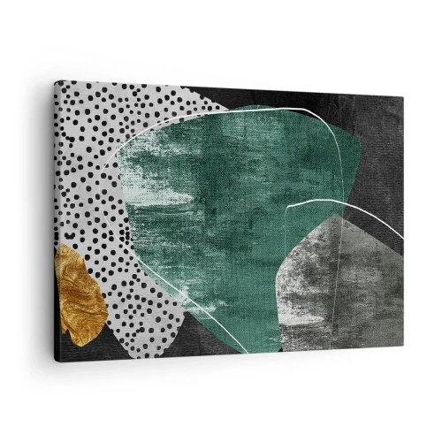 Canvastavla - Bild på duk - Abstrakt komposition med gröna former och prickmönster - 70x50cm - Färgstark abstraktion med en guldflinga - Modern väggdekoration för vardagsrum och sovrum ARTTOR