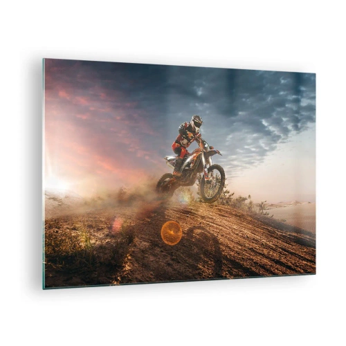 Glastavla - Bild på glas - Motorcyklist i öknen i en dynamisk miljö - 70x50cm - För segern - Modern väggdekoration för vardagsrum och sovrum ARTTOR