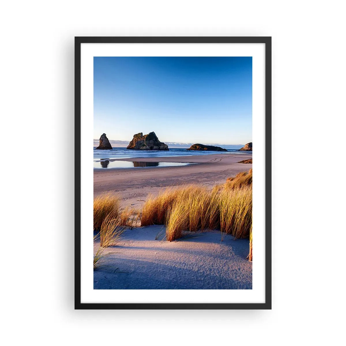 Affisch i svart ram - En pittoresk strand med gräs och klippor mot bakgrund av ett lugnt hav - 50x70cm - För fredssökare - Modern väggdekoration för vardagsrum och sovrum ARTTOR