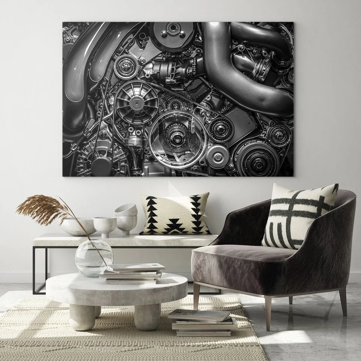 Glastavla - Bild på glas - Detalj av en svartvit motor med synliga mekanismer - 70x50cm - Mekanikens poesi - Modern väggdekoration för vardagsrum och sovrum ARTTOR