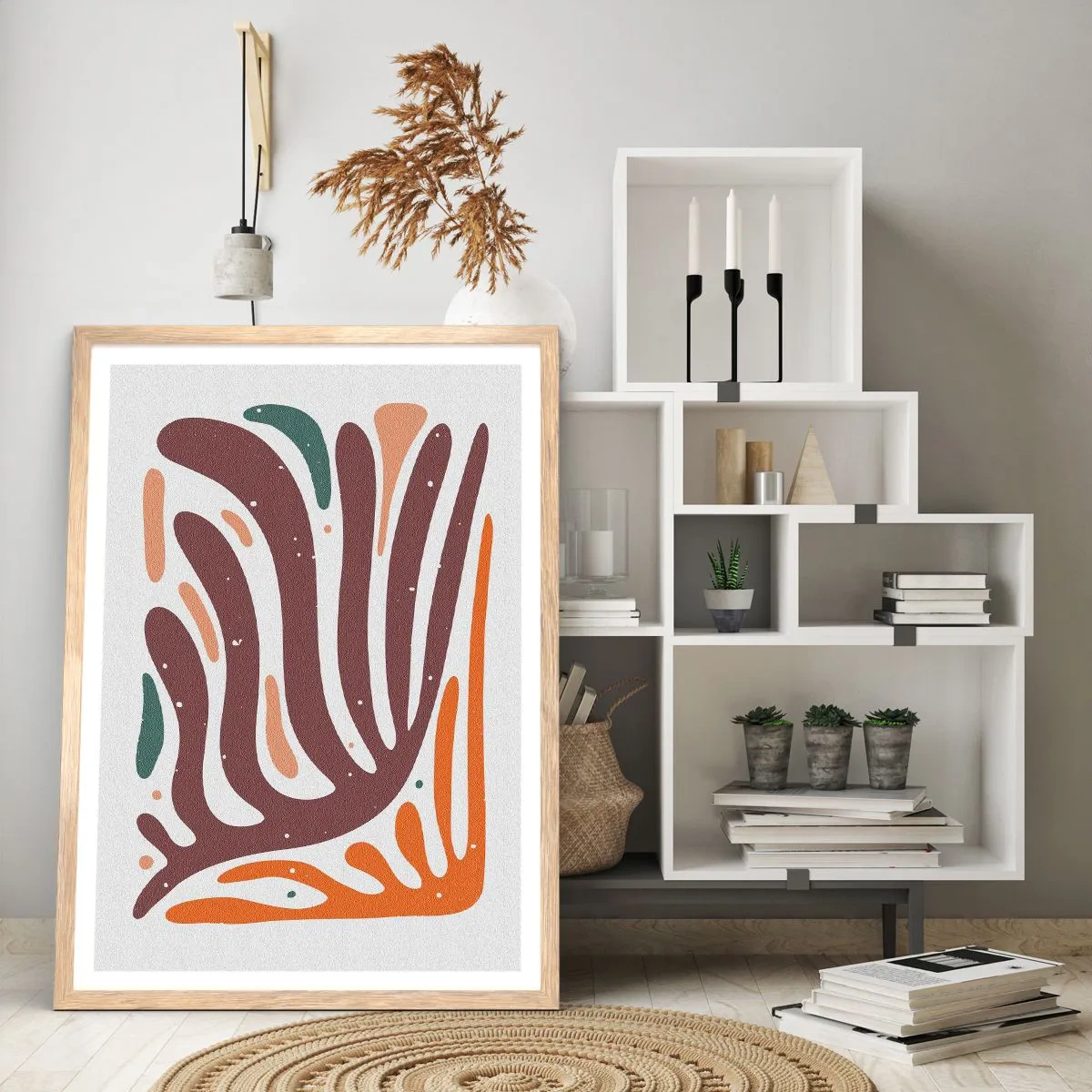 Affisch i ram av ljusek - Strålande organisk komposition - 30x40 cm
