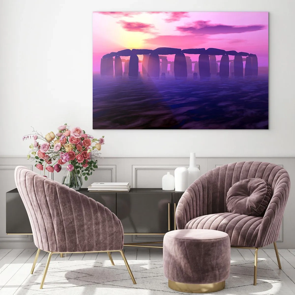 Glastavla - Bild på glas - Stonehenge i ljuset av en rosa solnedgång - 70x50cm - Gryningens hemlighet i dimma - Modern väggdekoration för vardagsrum och sovrum ARTTOR