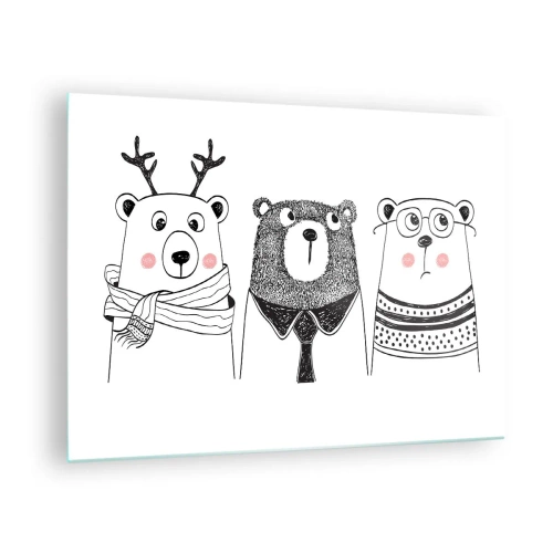 Glastavla - Bild på glas - Tre roliga björnar i en svartvit illustration - 70x50cm - Tre björnar  - Modern väggdekoration för vardagsrum och sovrum ARTTOR