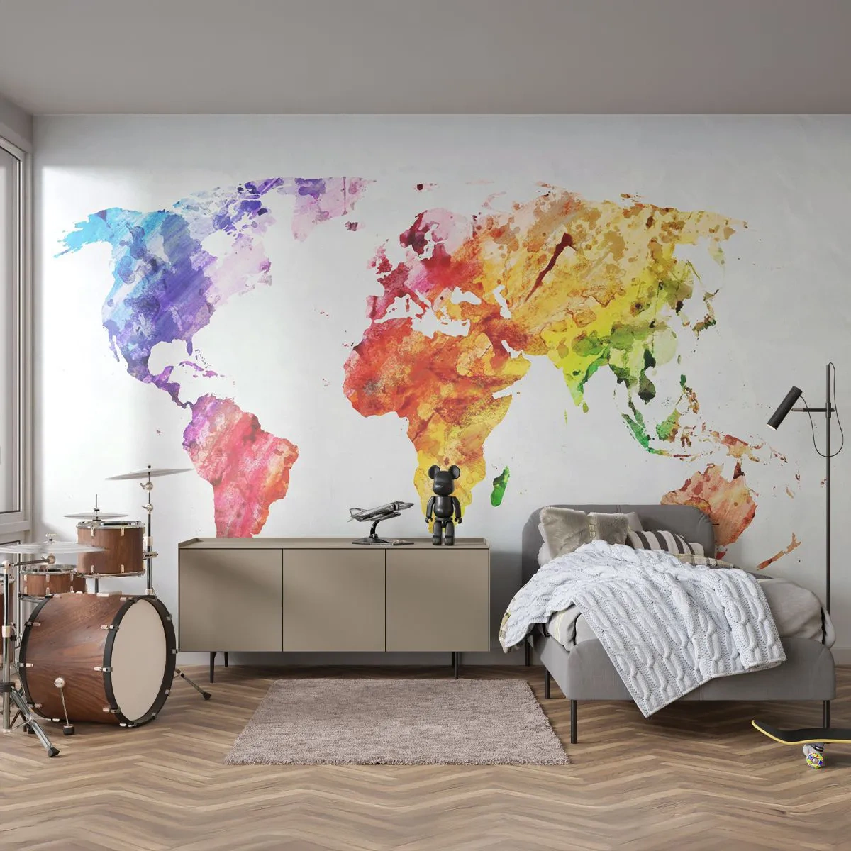 Självhäftande Fototapet Deluxe Sticker - Världens alla färger - Världskarta, Grafik, Kontinenter - 250x175 cm