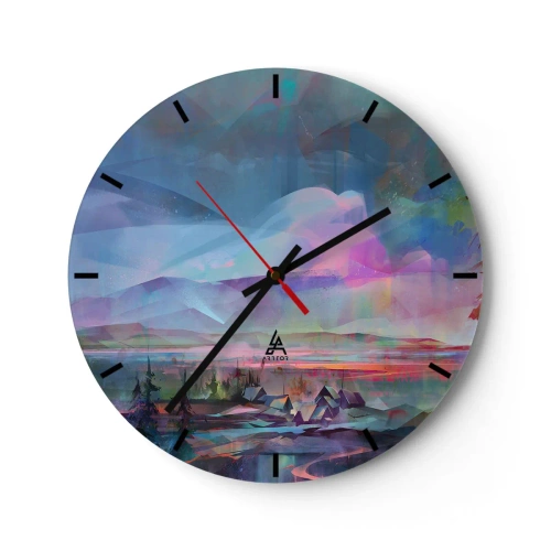 Väggklocka - Klocka på glas - Ett färgglatt panorama av berg och en by i abstrakt stil - 30x30cm - Under en vänlig himmel - Modern väggdekoration för vardagsrum, kök och sovrum ARTTOR