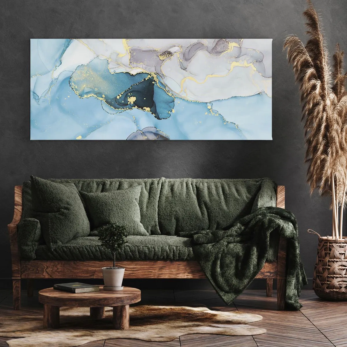 Canvastavla - Bild på duk - Studie över mötet mellan grå och turkos - 100x40 cm