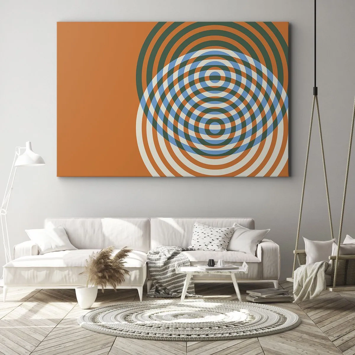 Canvastavla - Bild på duk - Koncentriska cirklar på en orange bakgrund - 70x50cm - Abstrakt cirkulär variation - Modern väggdekoration för vardagsrum och sovrum ARTTOR