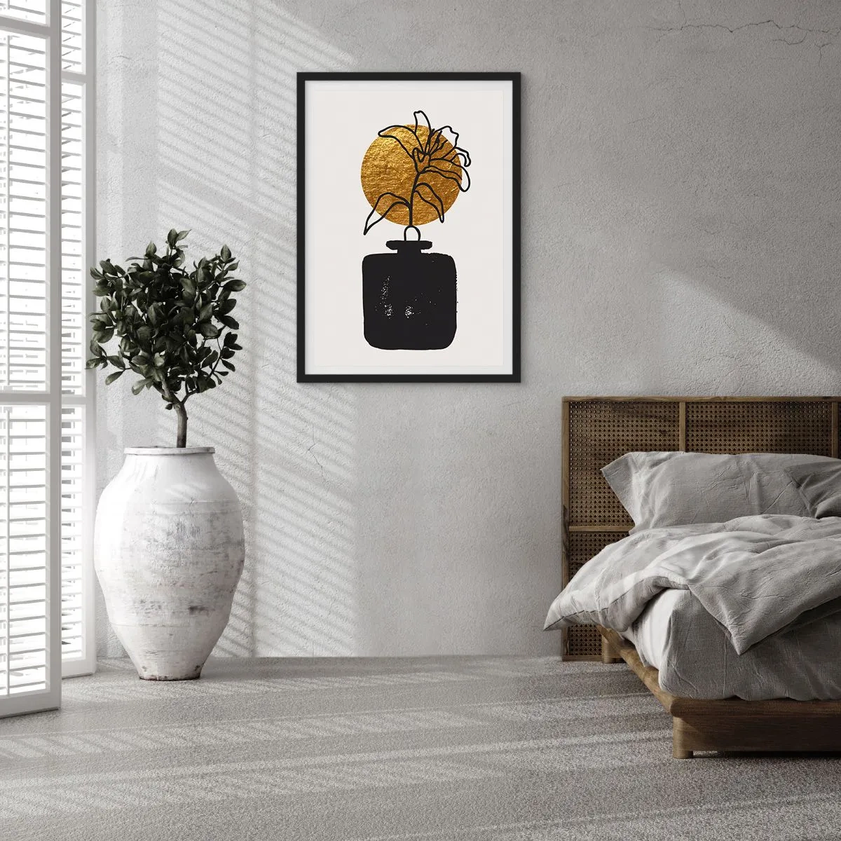 Affisch i svart ram - Abstrakt komposition med en blomma och en gyllene cirkel - 50x70cm - Guldvärd skönhet - Modern väggdekoration för vardagsrum och sovrum ARTTOR