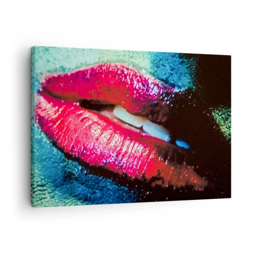 Canvastavla - Bild på duk - Närbild av färgglada, glansiga läppar mot en konstnärlig bakgrund - 70x50cm - Sensuella och oroväckande - Modern väggdekoration för vardagsrum och sovrum ARTTOR