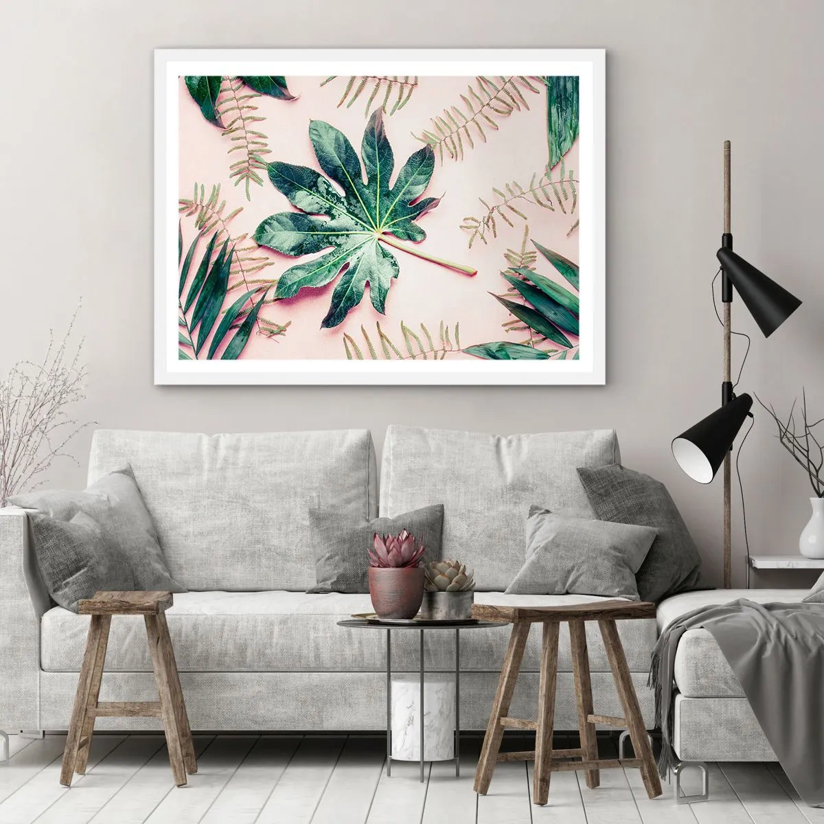 Affisch i vit ram - Grönskans studie mot rosa bakgrund - 100x70 cm