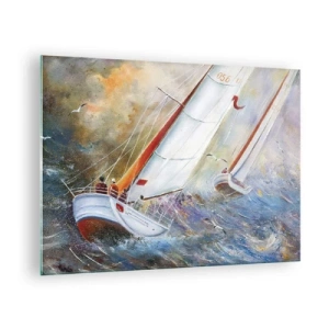 Glastavla - Bild på glas - Segelbåtar i grov sjö under en regatta - 70x50cm - Springande på vågorna - Modern väggdekoration för vardagsrum och sovrum ARTTOR