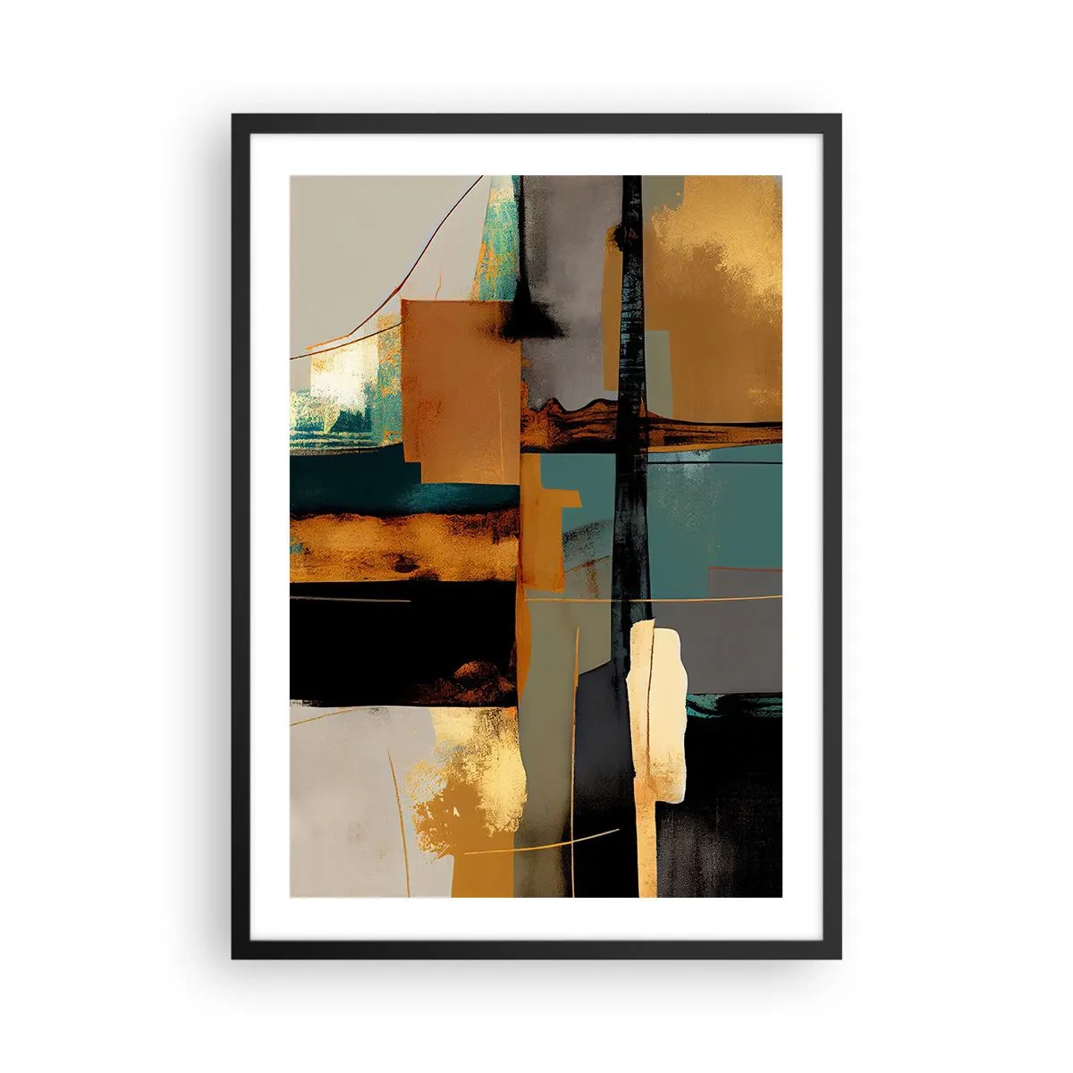 Affisch i svart ram - En abstrakt komposition i nyanser av guld och turkos - 50x70cm - Abstraktion - ljus och skugga - Modern väggdekoration för vardagsrum och sovrum ARTTOR