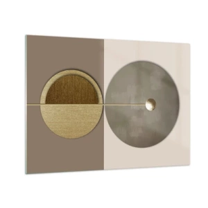 Glastavla - Bild på glas - Gyllene cirklar och linjer i en harmonisk komposition - 70x50cm - Perfekt balans - Modern väggdekoration för vardagsrum och sovrum ARTTOR